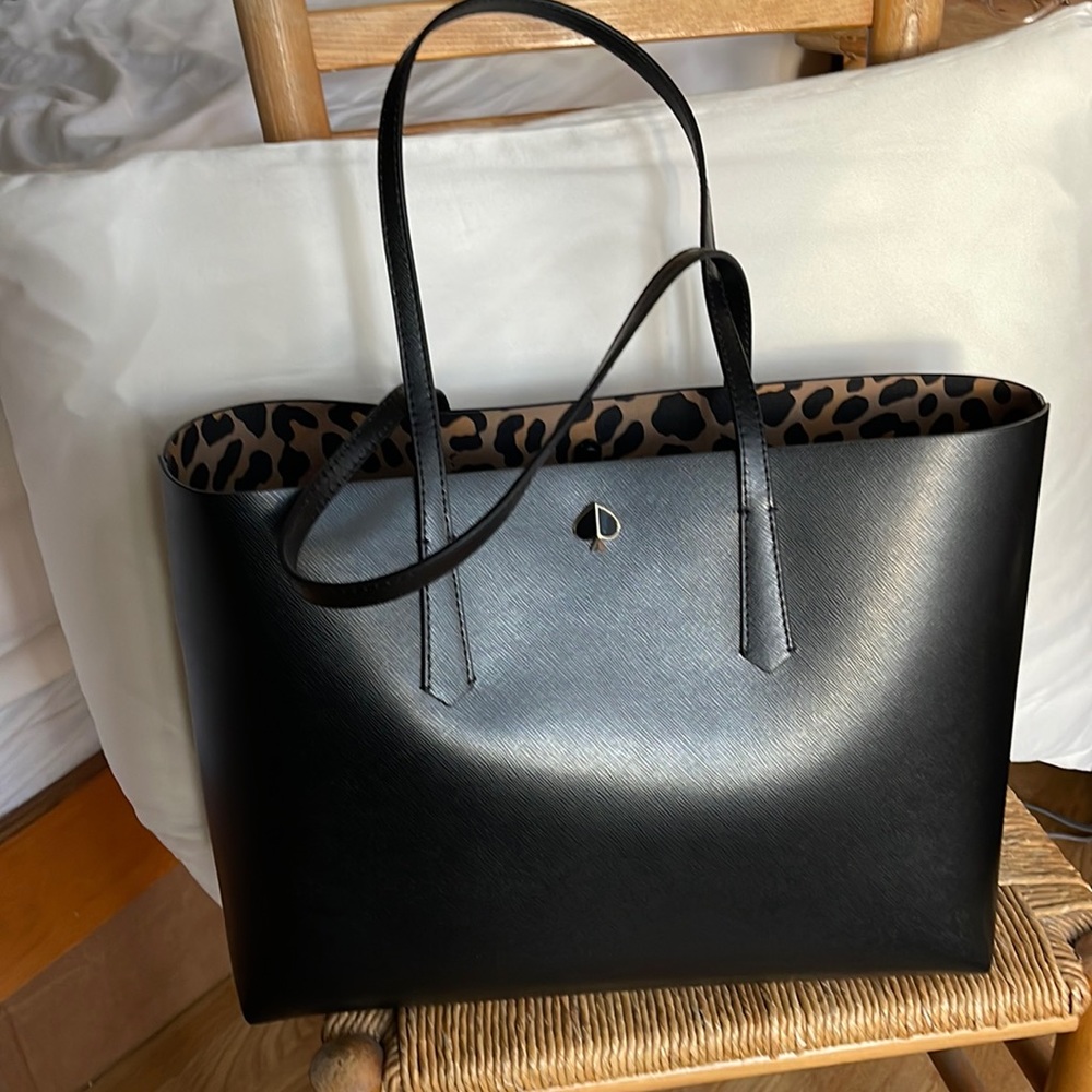 NWT Kate Spade black tote with Leopard interior and pouch, dust bag is included